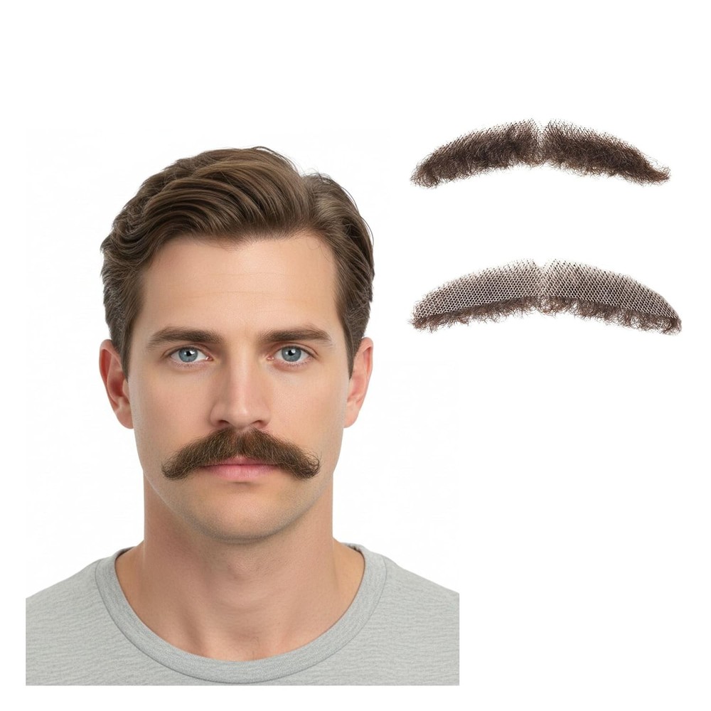 Realistic Human Hair Mustache & Beard for Men, Thick Fake Beard with Invisibl…