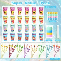 Summer Pool Party Cups Set 24 Reusable Plastic Cups With Lids Straws
