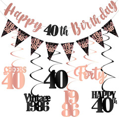 40Th Birthday Decorations for Women, Black Rose Gold Happy 40Th Birthday Banner
