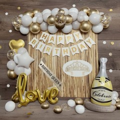 Birthday Decor QUEEN Gold & White Banner, Crown, Balloons. Backdrop, Sash 51 Pcs