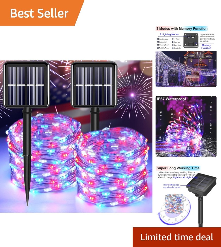 2-Pack Red White Blue Fairy String Lights for Outdoor Patriotic Celebration