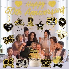 Pre-Strung Glitter 50th Anniversary Banner Decorations, Happy Black Gold