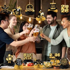 New Year Table Decorations 2026,12pcs Happy Honeycomb Gold