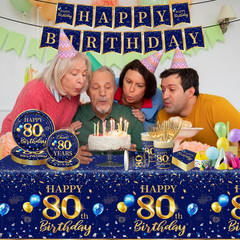 80Th Birthday Decoration Men-142Pcs Navy Blue and Gold Birthday Tableware Set(Se