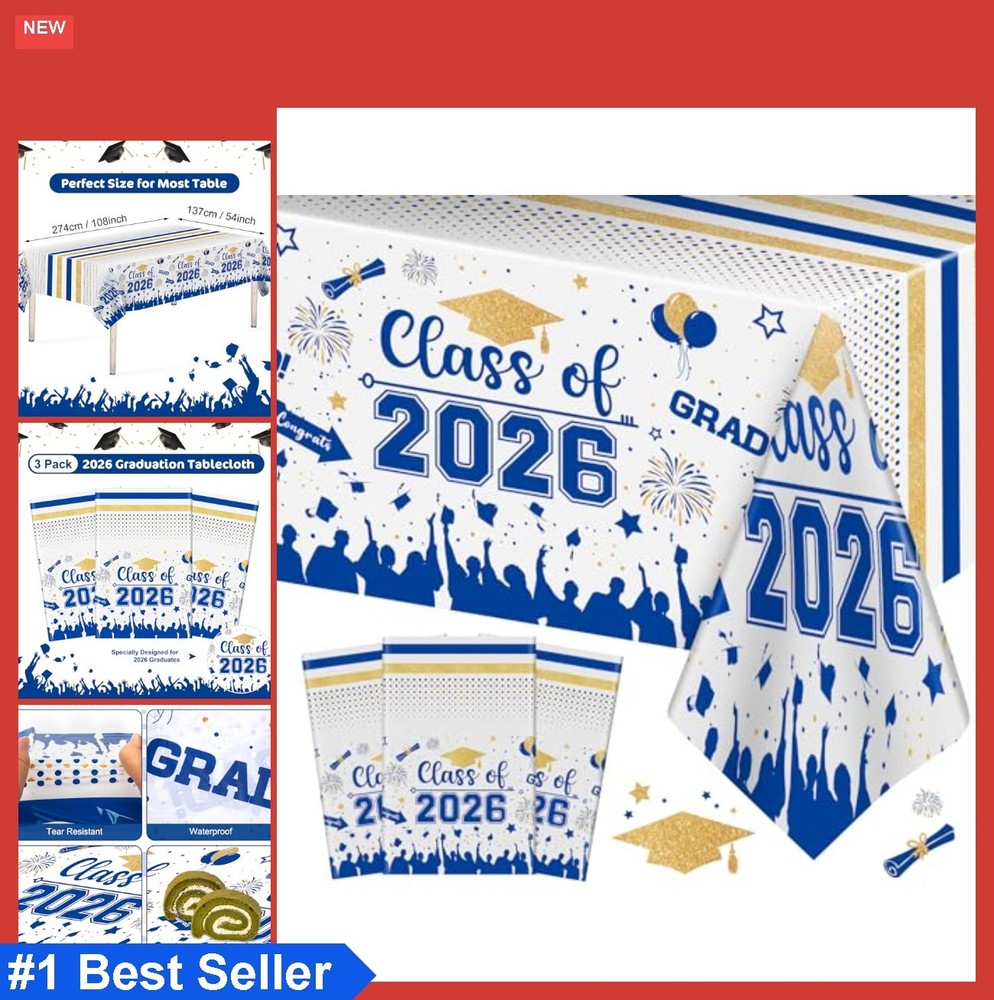 Graduation Decorations Class of 2026 Plastic Tablecloth 3 Pack 54×108 Inch Blue