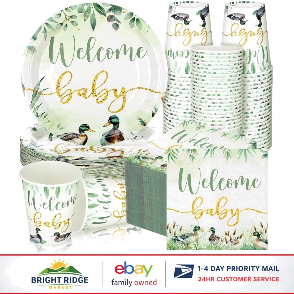 200 Piece Mallard Duck Baby Shower Tableware Set for 50 Guests Party