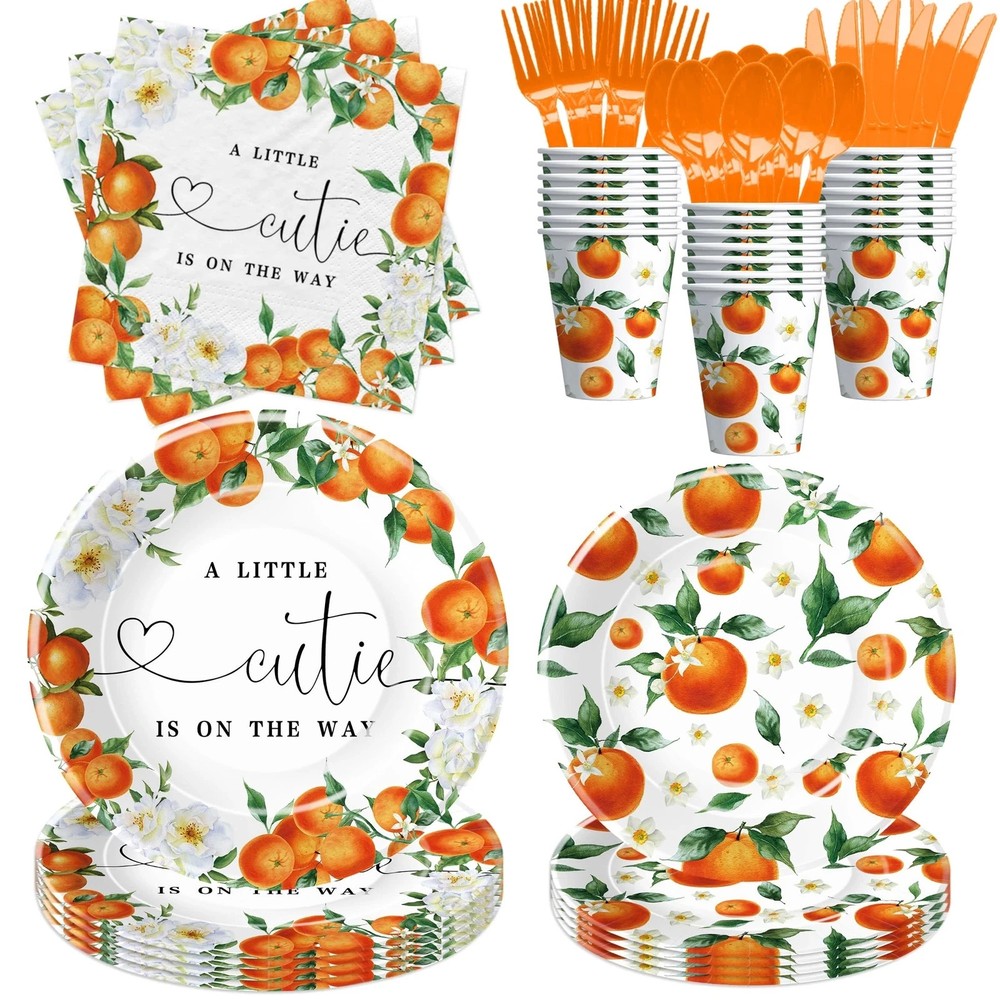 Little Cutie Baby Shower Decorations Tableware, Orange Baby Shower Decoration…