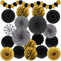 Black and Gold Decorations, Paper Pompoms Fan for Graduation Birthday Wedding