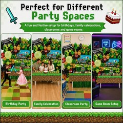 Pixel Game Birthday Party Supplies Kit – 131 Pcs Balloons, Backdrop, Table Cover