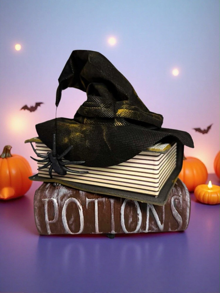 Animated Moving Talking Light-Up Witch Hat on Potion Books Halloween Decor NEW