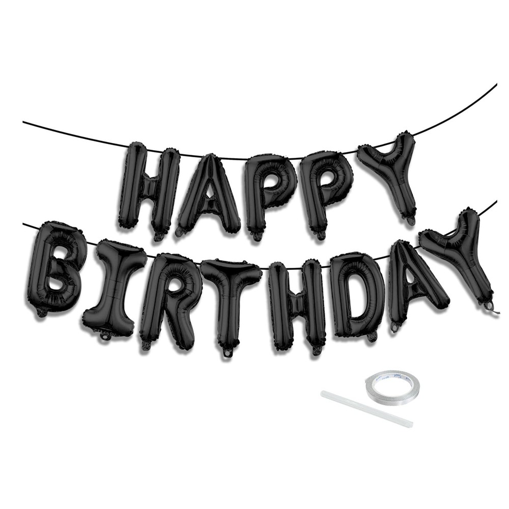 Black Happy Birthday Balloon Banner Set -16 Inch Foil Letters Balloons, Reusa…