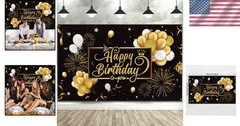 Vibrant Birthday Backdrop Banner 72.8×43.3in – Glittering Black and Gold Design