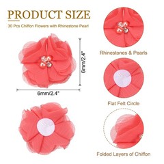 30Pcs 2″Chiffon Flower with Rhinestone Pearl Sewing Fabric Flower,Watermelon Red