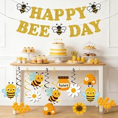 Bee Birthday Party Decorations,Glitter Happy Birthday Banner with Hanging Swi…