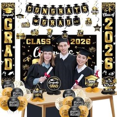 Graduation Decorations 2026 Set Black Gold, Congrats Grad Decor Set with Banner
