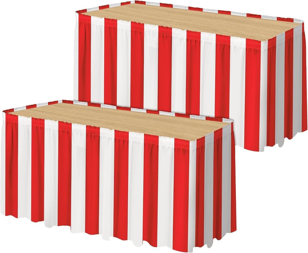 2 Packs Red and White Striped Table Skirt Circus Table Skirt Carnival Theme