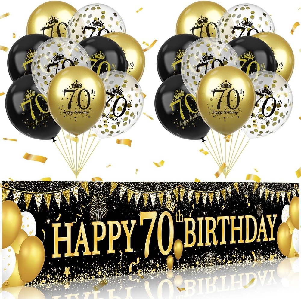 70Th Birthday Decorations – Black Gold 70Th Birthday Banner & Balloons for Indoo
