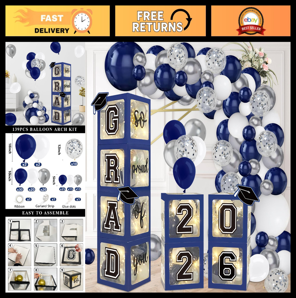 Navy Blue Graduation Decorations 2026 – 4 Balloon Boxes, 139pcs Arch Kit & Light