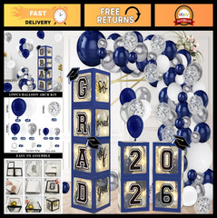 Navy Blue Graduation Decorations 2026 – 4 Balloon Boxes, 139pcs Arch Kit & Light