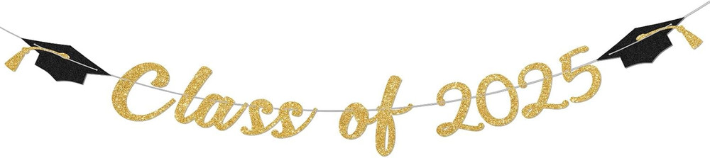 Class of 2025 Banner Gold Glitter Grad Decorations 2025 for Fireplace Wall Photo