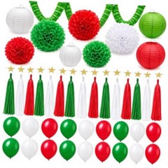 43Pcs Red, Green & White Party Decorations Supplies – Paper Pom