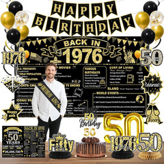 50Th Birthday Decorations for Men, Black Gold Back in 1976 Party Supplies with B