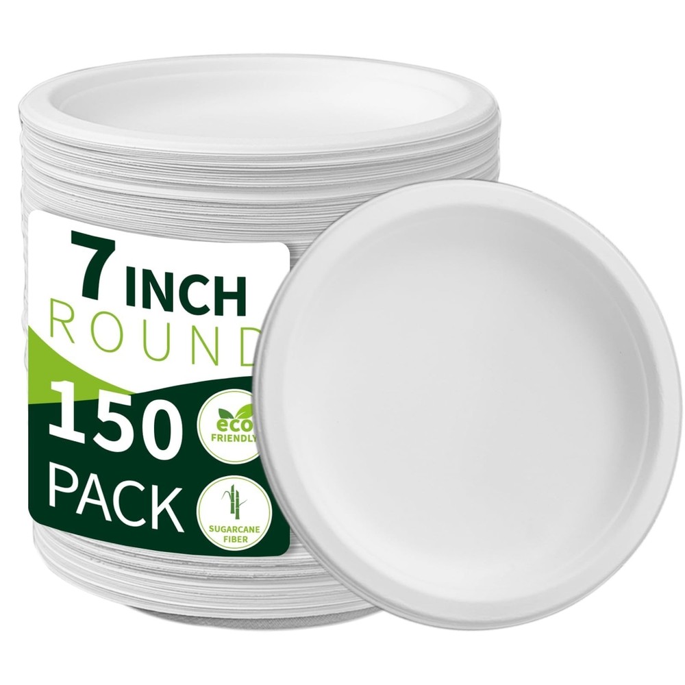 7 Inch Compostable Paper Plates 【White 150 Pack】, 100% Sugarcane B