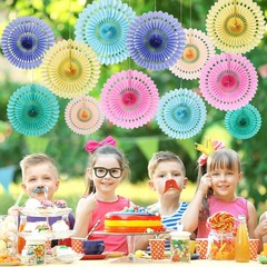 12 PCS Pastel Rainbow Paper Fans Tissue Flowers Groovy Birthday Party Decor