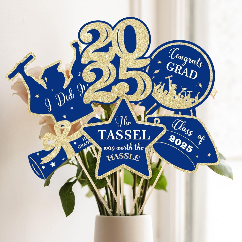 1 PCS Glitter Blue Gold Class Of 2025 Graduation Party Table Centerpieces