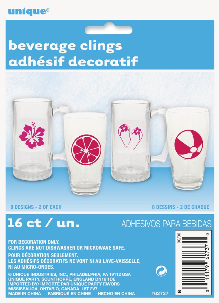 Minimalist Summer Fun Tropical Beach Luau Plastic Beverage Clings, 16 CT, Pink