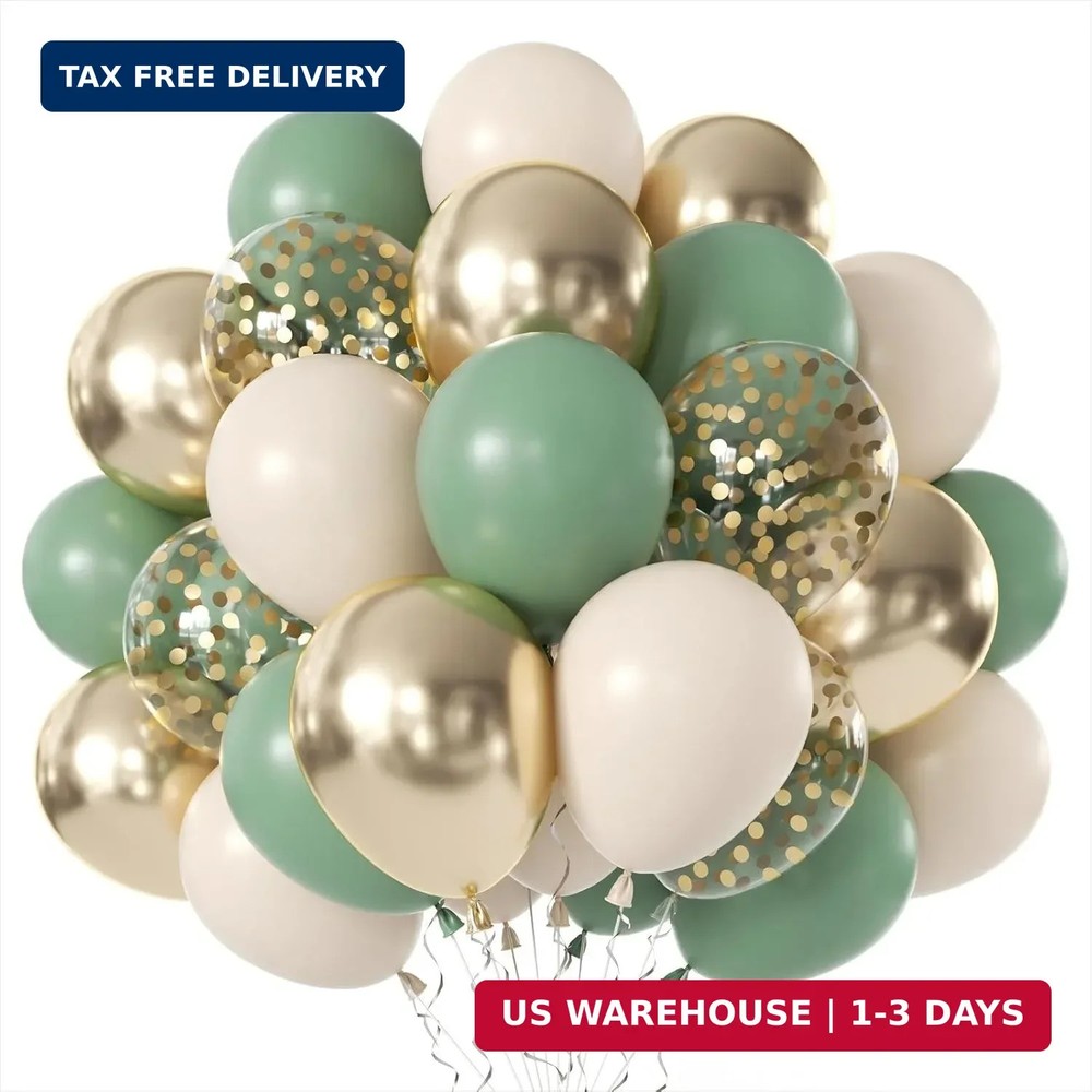 Sage Green Gold Balloons – 50 pcs 12 inch Olive Green Sand White Metallic Gold C