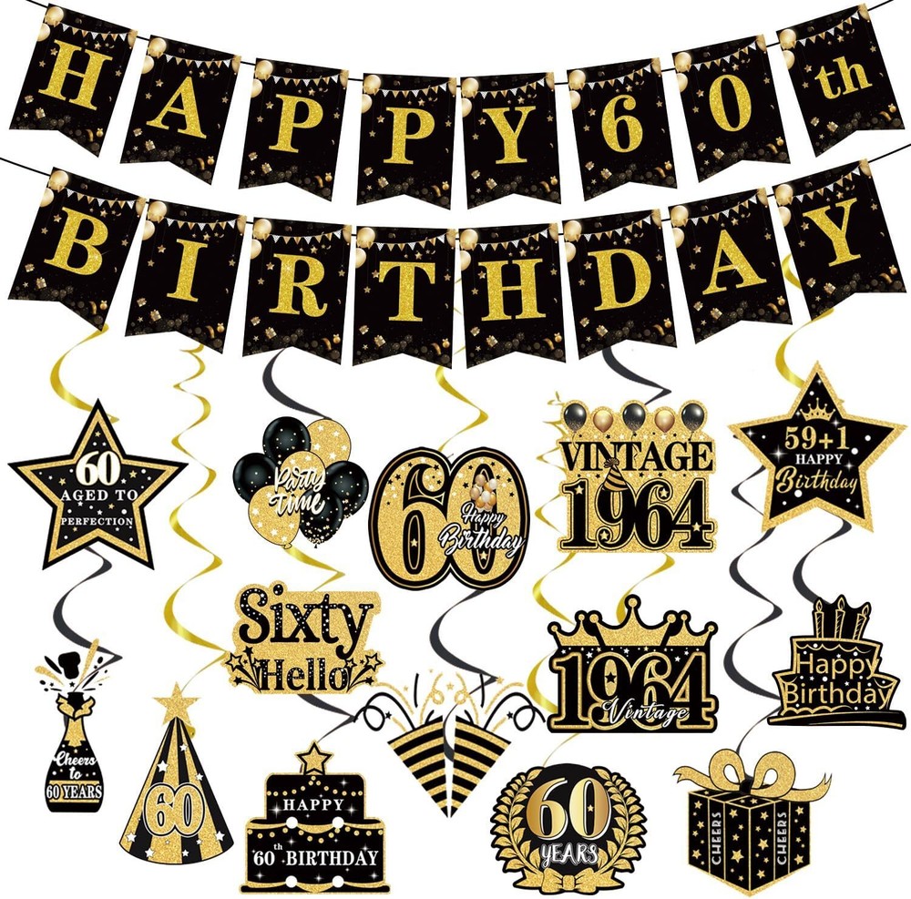 60th Birthday Party Decorations – 16PCS Vintage 60th Birthday Banner Gold 60