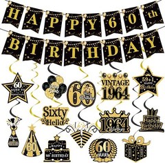 60th Birthday Party Decorations – 16PCS Vintage 60th Birthday Banner Gold 60