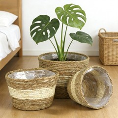 3 Piece Lined Wicker Plant Basket Set 18 22 25 cm Natural Seagrass Decor