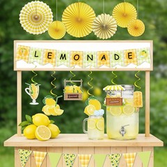 14pcs Lemonade Stand Party Decorations – Banners, Swirls, Paper Fans, Summer The