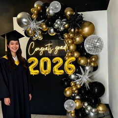 2026 Graduation Balloon Garland Arch Kit, Black Gold Silver Balloon Arch Clas…