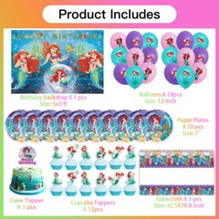 Ariel Princess Party Supplies Set Plates Balloon Cake Toppers Banner