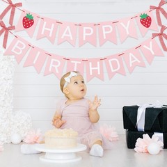 2Pcs Happy Banner, Strawberry Bow, Pink White