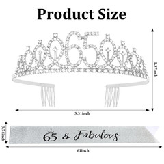 65th Birthday Decorations for Women Silver Sash & Tiara Crown Set Party Gift