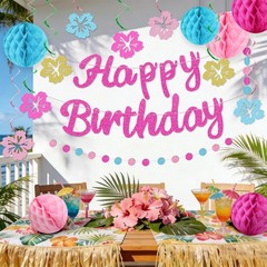 Hawaiian Luau Party Decorations Glittery Pink Happy Banner for Tropical Party…