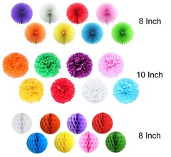 24 Pack Colorful Paper Decorations Honeycomb Balls Pom Poms Fans Mexican
