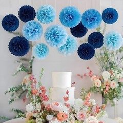 12 pc Blue Tissue Paper Pom poms in 3 Colors-Hanging Paper Pom Poms Paper Flo…