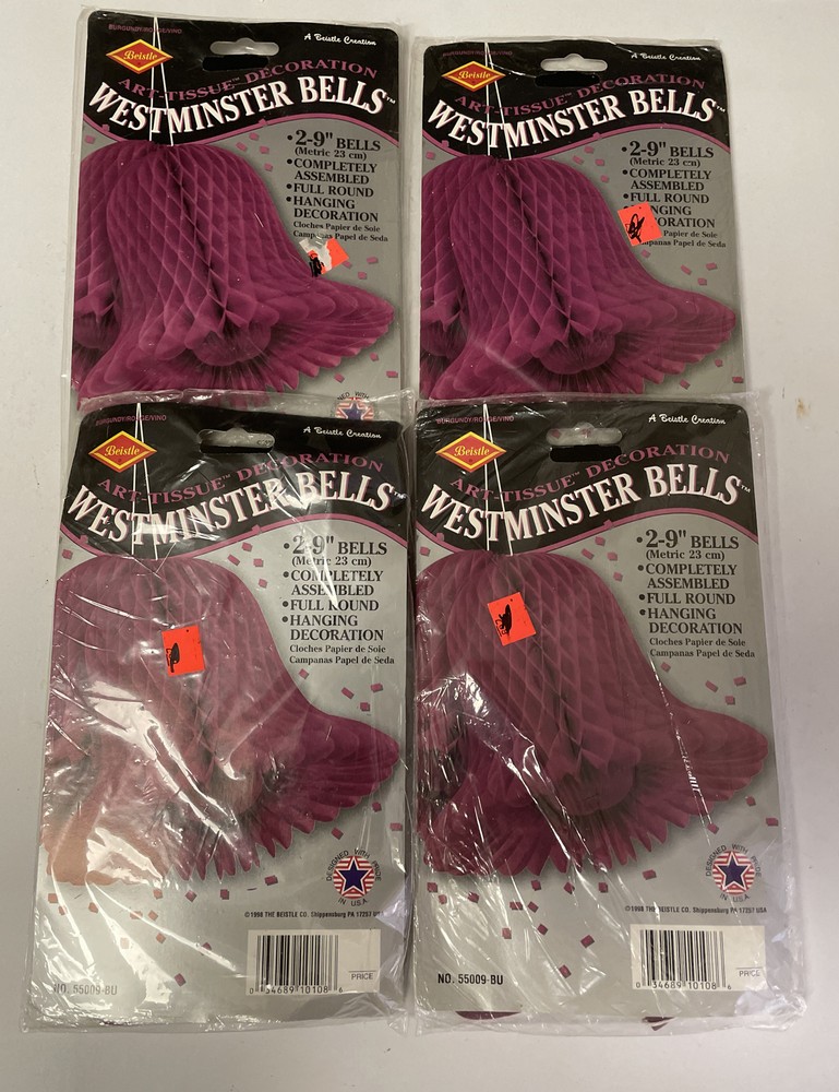 Beistle Art Tissue Decoration Westminster Bells 9″ Two Pack Lot Of 4 Burgundy
