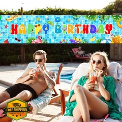 AIBIIN Pool Birthday Banner Summer Swimming Pool Birthday Yard Sign Decoratio…