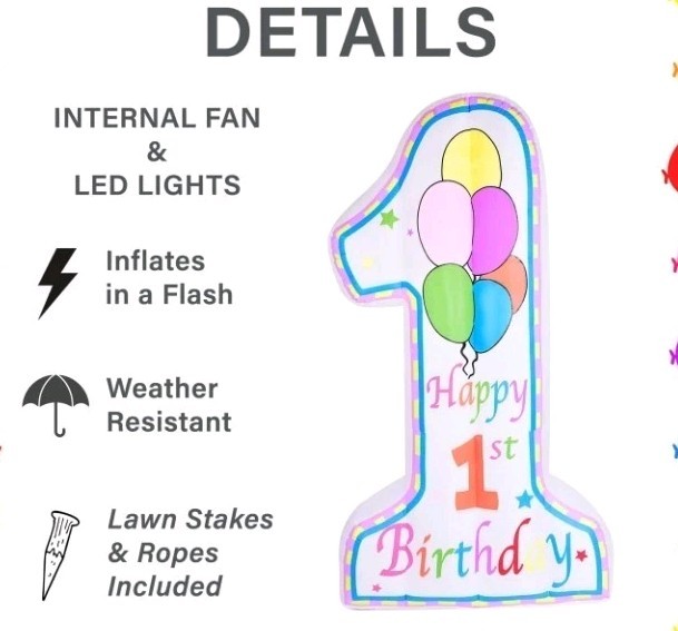 Fraser Hill Farm 8-Ft. First Birthday Inflatable Lights Outdoor. NIB