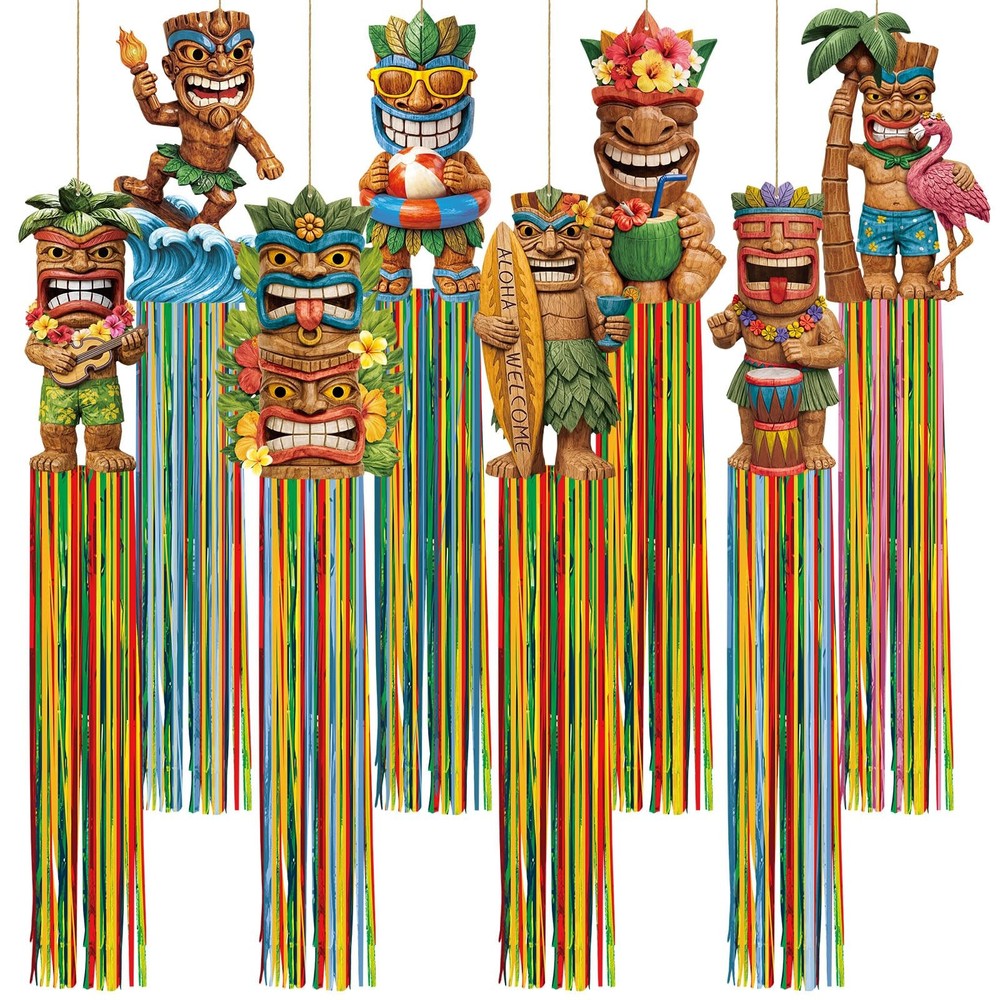 8 Pcs Tiki Party Decor Hawaiian Luau Party Decoration Tiki Totem Hanging Bann…