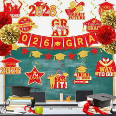 Red and Gold Graduation Decorations, 2026 Grad Banner and Congrats Grad Hanging