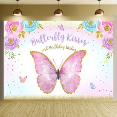 Butterfly Happy Birthday Backdrop, Butterfly Kisses and Birthday Wishes, 5 x 3ft
