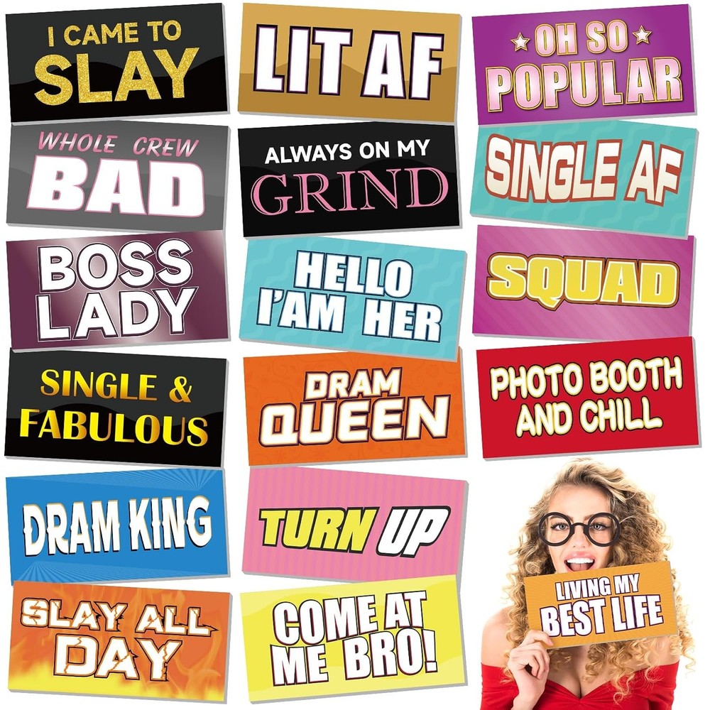 24 Designs Fun Photo Booth Props Fun Colorful Party Sign Decor Double Sided 11×5