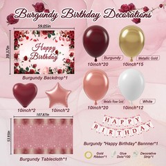 Burgundy Birthday Decorations Set – 20 15 Gold, 20 Rose 12 White Balloons